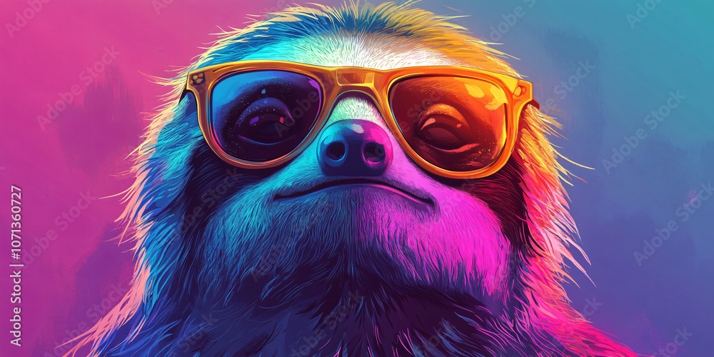 Fototapeta premium A close-up portrait of a sloth wearing stylish sunglasses, with vibrant and colorful background.