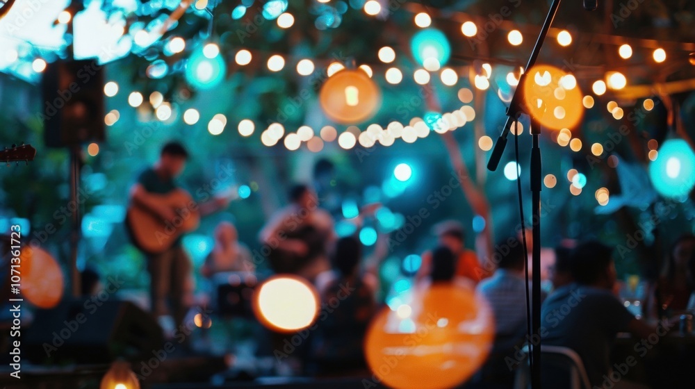 Fototapeta premium Glimmering lights and blurred shapes in an outdoor musical gathering