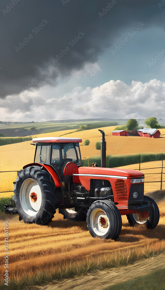 Fototapeta premium A tractor with large tires on a dirt path in a rural landscape, with fields.