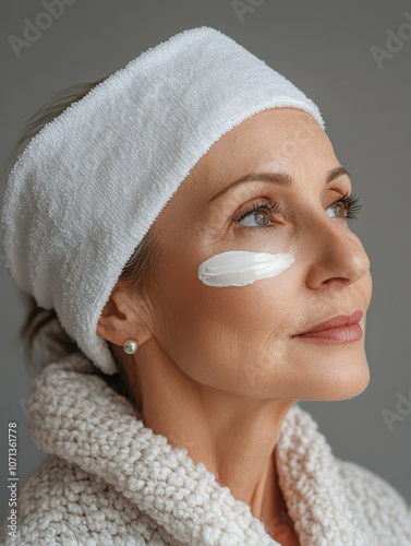 A woman applying skincare cream, promoting beauty and self-care. photo