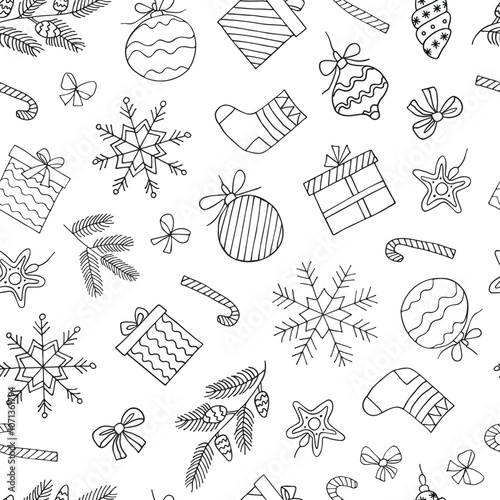 New Year seamless pattern of fir branches, toys, gifts, Christmas tree toys, gift boxes and snowflakes. Illustration in a hand-drawn style. Can be used to create postcards, covers, patterns, backgroun