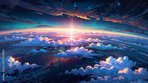 Aurora Borealis shining, nature, landscape, fantasy, illustration, sky, anime style