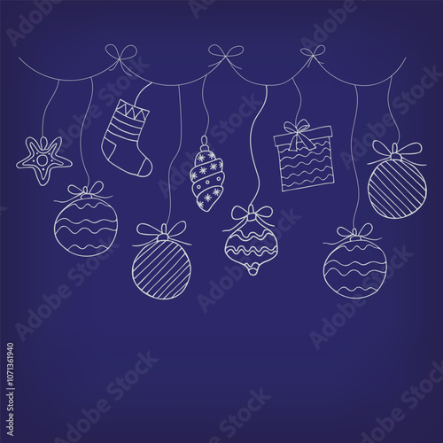 Illustration in a hand-drawn style. New Year's pattern of New Year's tree toys and decor. Can be used to create postcards, covers, patterns, backgrounds.