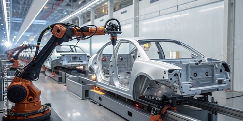 "Robotic Welding and Assembly Line in Modern Car Factory"