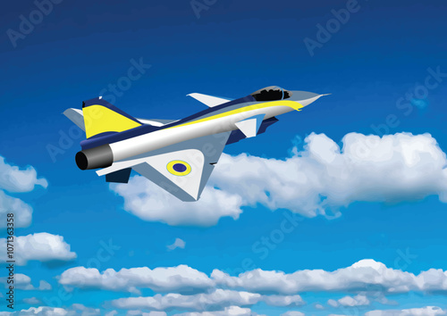 149-24-Supersonic fighter aircraft flying high above white clouds in blue sky