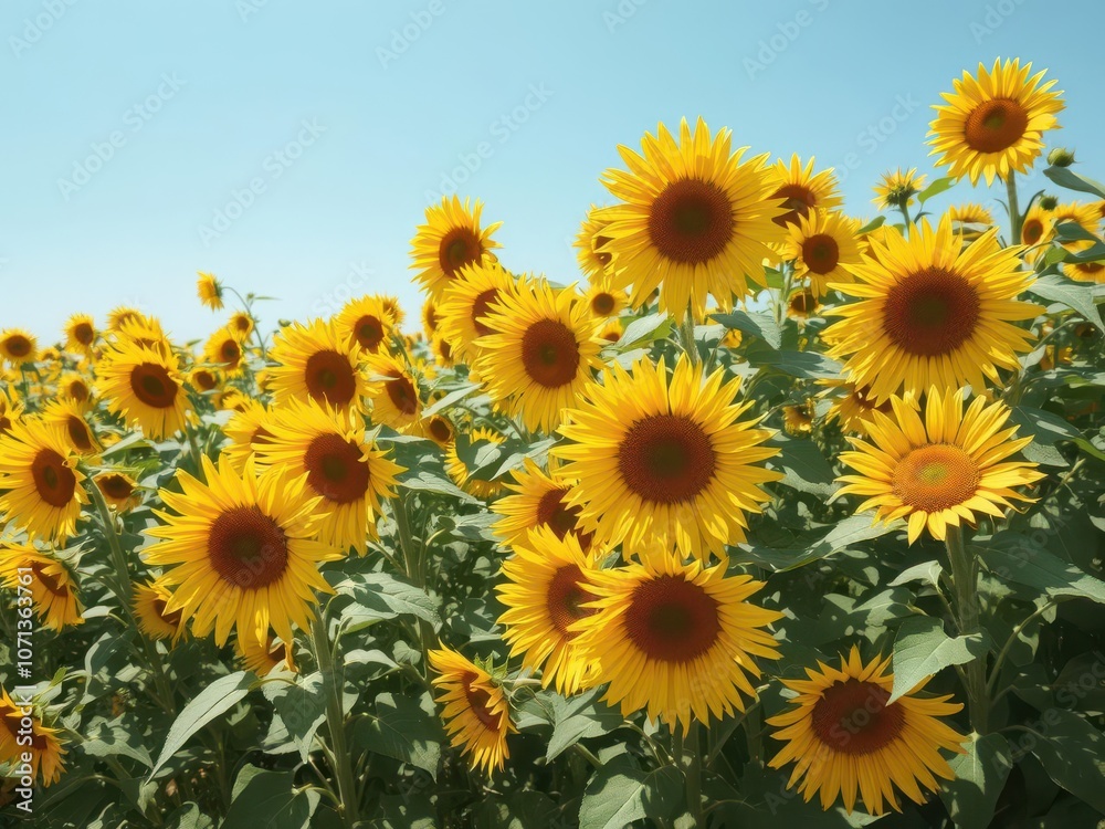 Lush field of golden sunflowers under a clear blue sky, vibrant, harvest Lush field of golden sunflowers under a clear blue sky, vibrant, harvest
