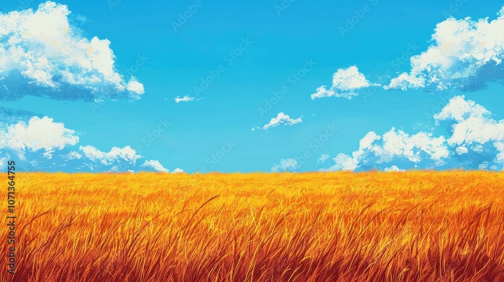 Obraz premium A field of golden wheat under a blue sky with white clouds.