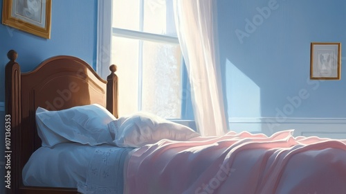 Cozy Bedroom with Soft Pink Blanket and Blue Walls