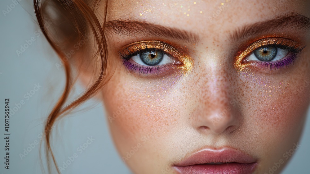 Vibrant close-up of sparkling makeup on a model Vibrant close-up of sparkling makeup on a model