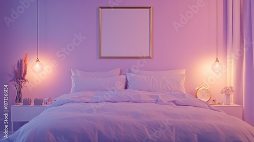 Soft Pastel Bedroom with Minimal Decor and Lighting