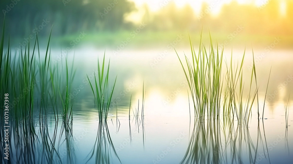 Obraz premium tranquil green grass and calm water reflections in a peaceful foggy landscape