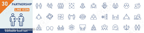 Partnership line icon set. Set of 30 outline icons related to agreement,  cooperation, conversation, teamwork and others. Editable stroke. Vector illustration.