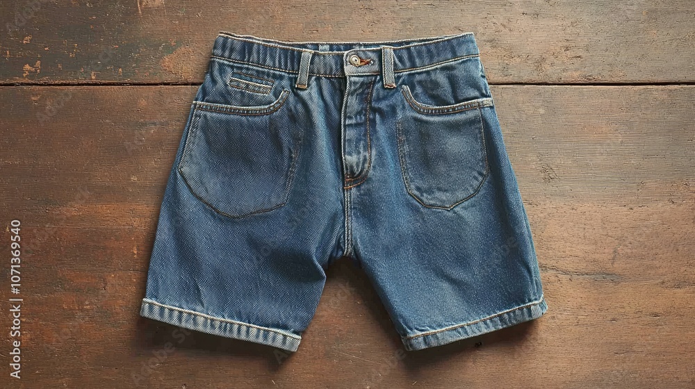 Classic Denim Shorts on Rustic Wooden Surface