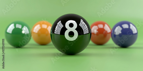 A black snooker ball with eight is placed on the green table. AI generative.