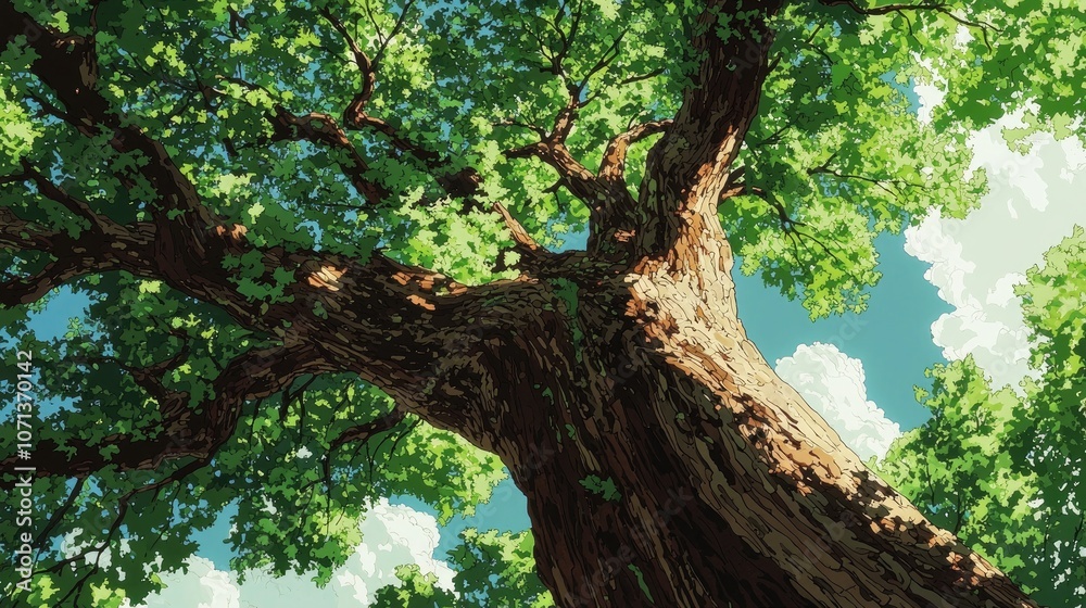 Obraz premium A low angle view of a large, leafy tree with its branches reaching towards the blue sky.