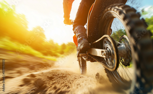 Close-up of a dirt bike tire kicking up dust while riding on a rugged trail in sunlight.