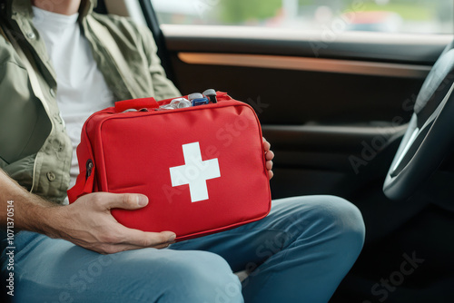 A person holding a red first aid kit inside a car, emphasizing preparedness for emergencies. photo