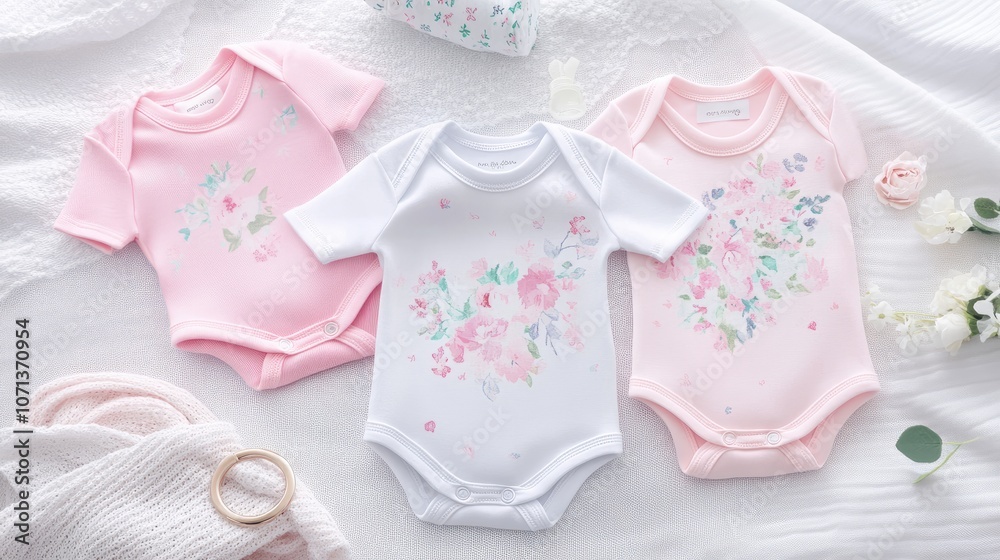 Floral Baby Bodysuits on Soft Blanket Background Floral Baby Bodysuits on Soft Blanket Background