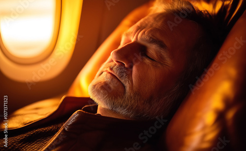 Man resting and relaxed on an airplane seat with a sunset view through the window. photo