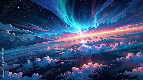 Sea of clouds, beautiful, anime-style, fantasy, illustration, wallpaper

