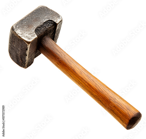 A close-up of a heavy, iron sledgehammer with a wooden handle. photo