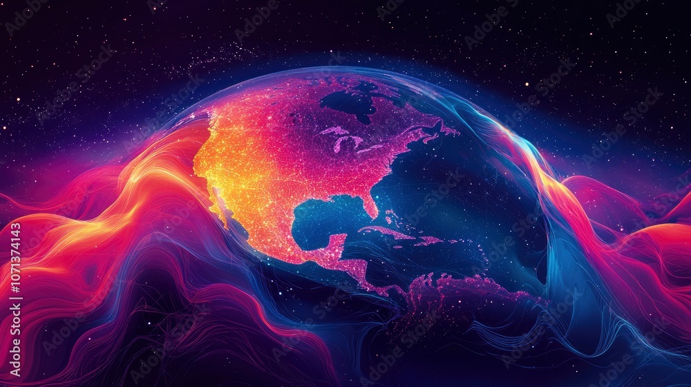 Abstract art with a glowing Earth and flowing lines against a dark background. Abstract art with a glowing Earth and flowing lines against a dark background.