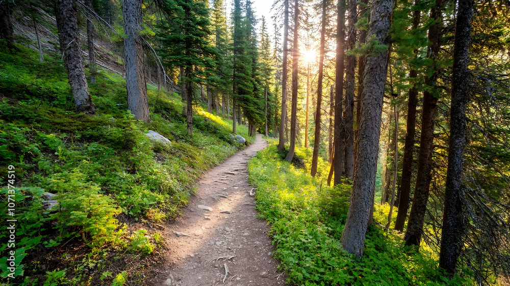 A winding path through a lush forest leads to a sunlit clearing. A winding path through a lush forest leads to a sunlit clearing.