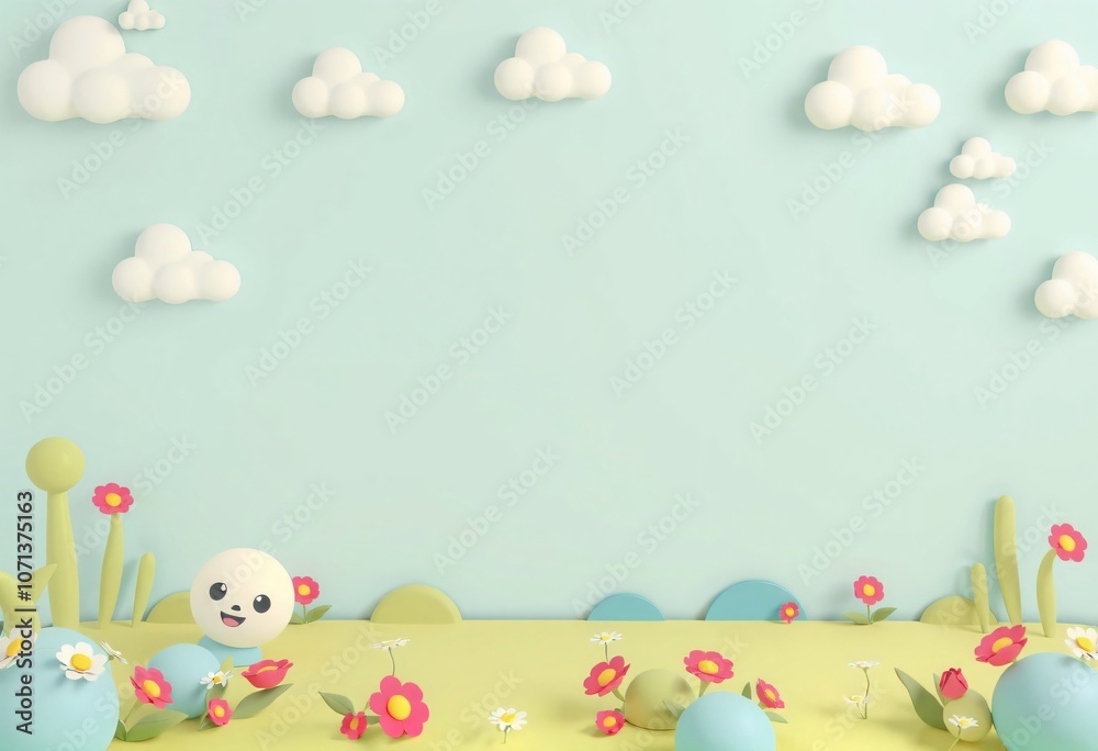 Colorful paper cut-out flowers, clouds, and smiling character on a blue and yellow background. Colorful paper cut-out flowers, clouds, and smiling character on a blue and yellow background.