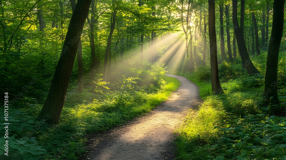 Obraz premium A winding path through a lush green forest illuminated by the golden rays of the morning sun.