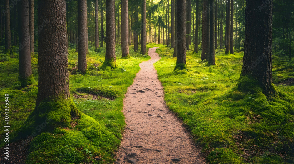 Fototapeta premium A winding path through a lush green forest, sunlight dappling through the trees.