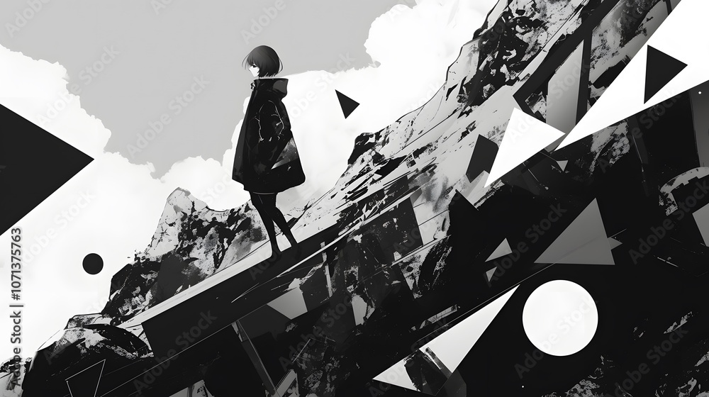 Obraz premium Classic anime-inspired design of basic geometric shapes in black, adding simple, clean visuals to children's school elements.