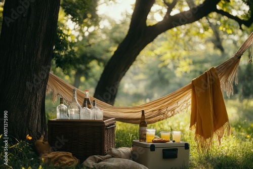 Tranquil Picnic Scene in Nature with Hammock and Drinks photo