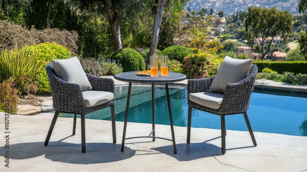 Elegant Patio Chairs by Poolside with Refreshing Drinks Elegant Patio Chairs by Poolside with Refreshing Drinks