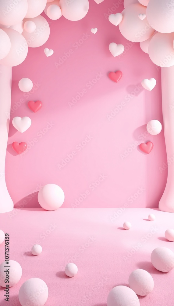 Pink background with white spheres and hearts. Pink background with white spheres and hearts.