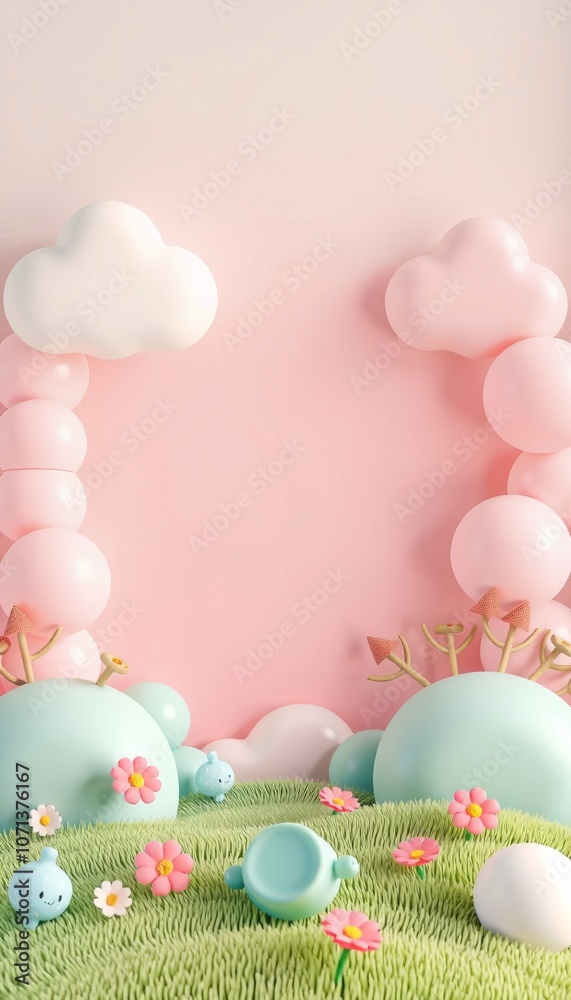 Cute 3D Cartoon Scene with Pink Background, Green Grass, Flowers, and Clouds. Cute 3D Cartoon Scene with Pink Background, Green Grass, Flowers, and Clouds.