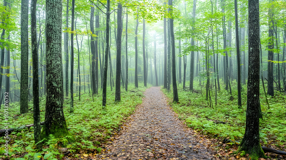Obraz premium A winding path through a misty green forest.