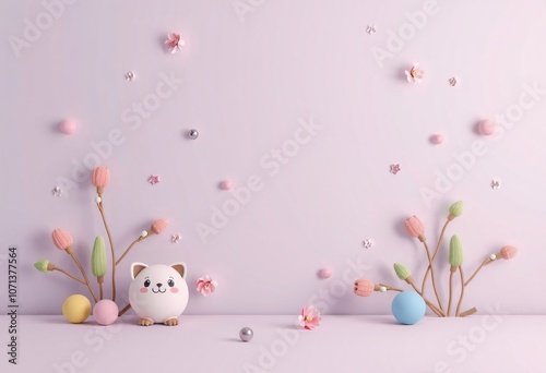 Cute cartoon cat with flowers on a light pink background.