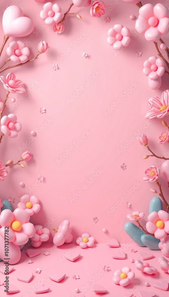 Pink 3D Flower Background with Heart Shapes.