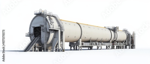 Rotary Kiln for Cement Production comprehensive view of a cement rotary kiln, on a white background