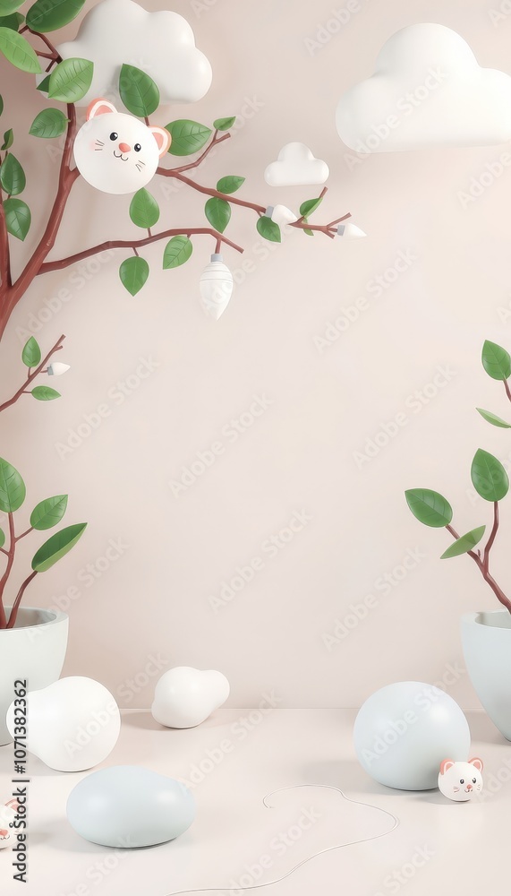 3D minimalist design with a cute cat, plant, and clouds on a light pink background. 3D minimalist design with a cute cat, plant, and clouds on a light pink background.