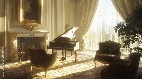 Refined Elegance in a Stylish Parlor: Grand Piano, Antique Furnishings, and Velvet Drapes Convey Cultured Living