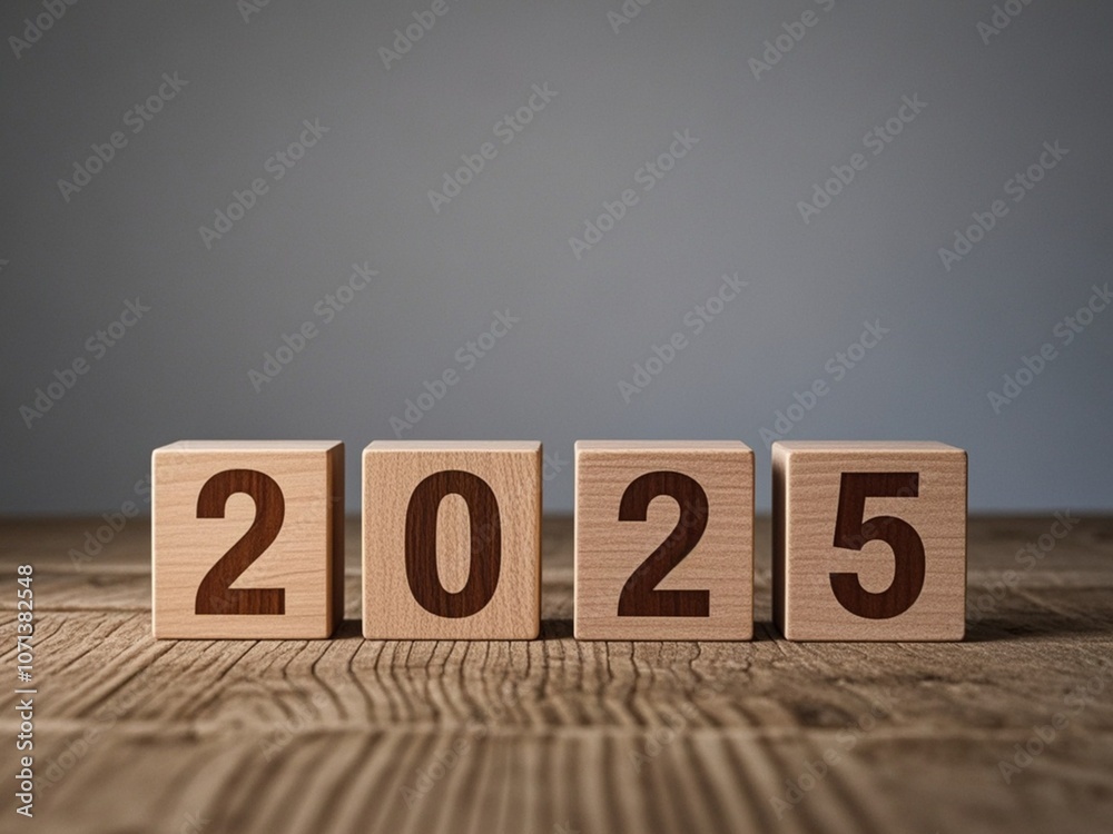 Wooden Blocks Displaying the Year 2025 on Wooden Surface with Gray Background