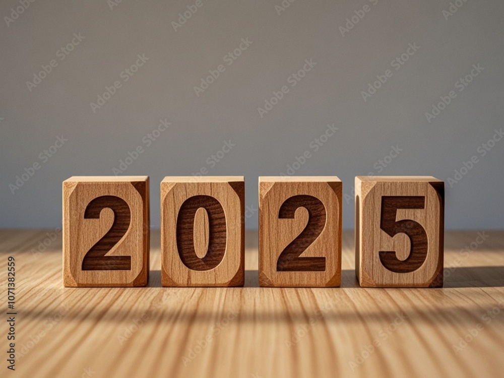 Wooden Blocks Displaying the Year 2025 on Wooden Surface with Gray Background