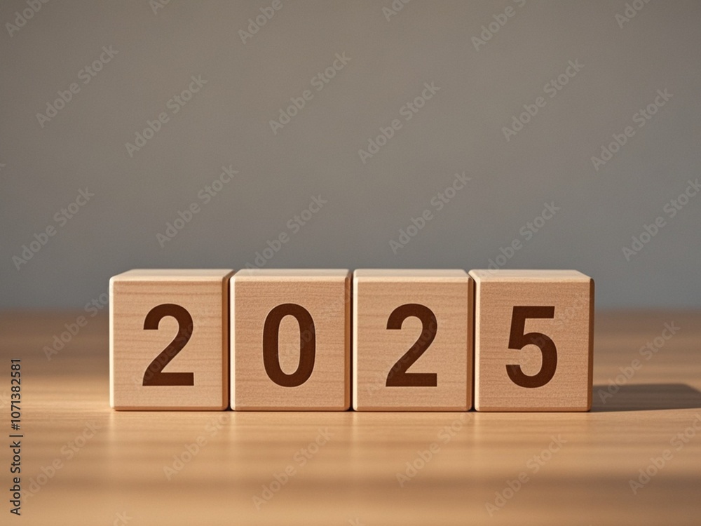 Wooden Blocks Displaying the Year 2025 on Wooden Surface with Gray Background