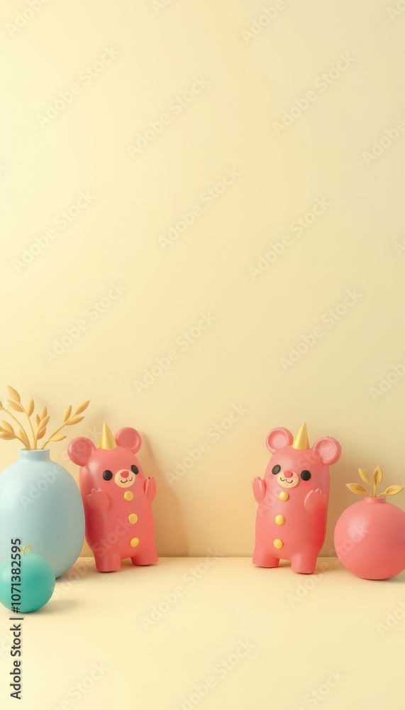 Two cute pink cartoon bears with golden horns on a yellow background. Two cute pink cartoon bears with golden horns on a yellow background.