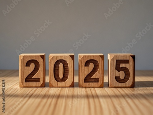 Obraz na płótnie Wooden Blocks Displaying the Year 2025 on Wooden Surface with Gray Background w salonie