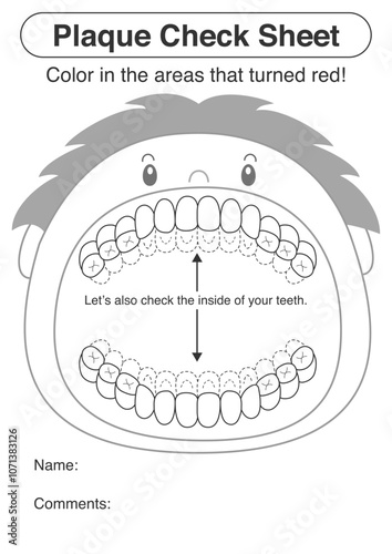 Black and white mixed dentition brushing residue check sheet, plaque disclosing illustration.