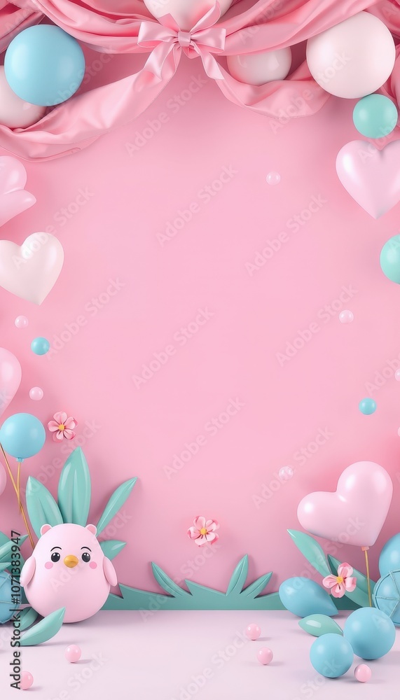 Pink and blue pastel colored balloons and hearts with a pink bird character on pink background. Pink and blue pastel colored balloons and hearts with a pink bird character on pink background.