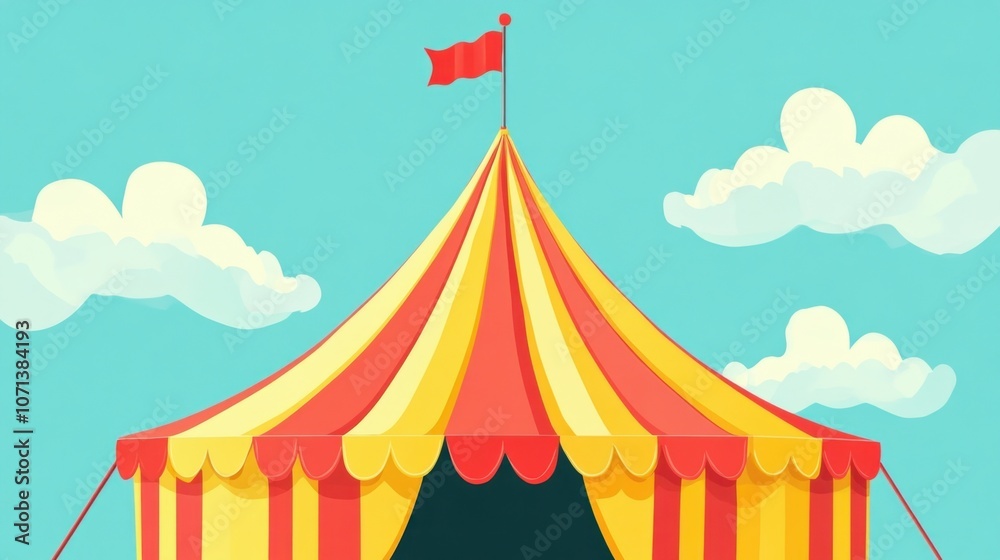 A red and yellow striped circus tent with a red flag on top. There are white clouds in a blue sky. A red and yellow striped circus tent with a red flag on top. There are white clouds in a blue sky.