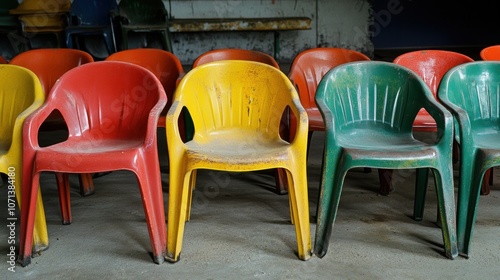 A row of colorful plastic chairs in a dusty, abandoned building.